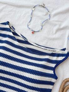 SHEIN Tween Girls Short Length Blue White Striped Knitted Asymmetrical Neck Tank Top And Shorts Co-Ords Two Piece Set Summer Two Piece Set For Kids Tween Girls Striped Two Piece Girls Striped Short Set - Blue and White - View 3