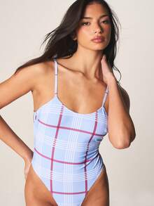 MISSGUIDED Plaid Check Pattern One Piece Swimsuit With Scoop Neckline And Spaghetti Straps Summer Beach Resort Swimwear - Blue - View 5