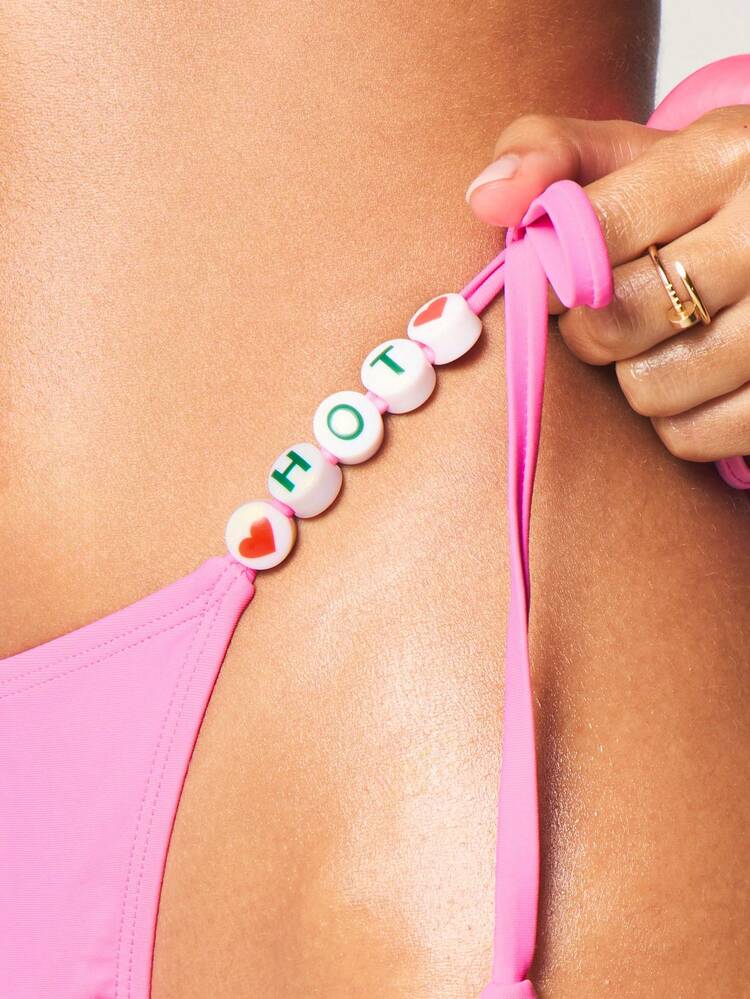 MISSGUIDED Conjunto de bikini triangular con cuentas, cuello de halter y Bottom con cordones laterales para vacaciones de verano en la playa y natación