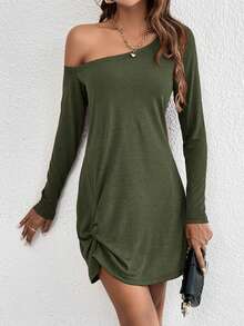 SHEIN Essnce Women's Solid Color Minimalist Oblique Shoulder Long Sleeve Dress, Casual Daily Wear - Army Green - View 4