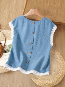 Rusticease 女士圆领蕾丝边休闲简约夏季衬衫 - 藍色 - 查看 2