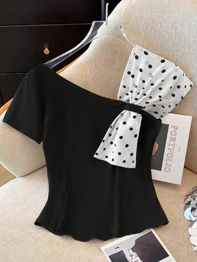 GlowEve CURVE 大码女式复古法式波点蝴蝶结肩带拼接短款T恤