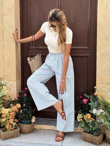 SHEIN Frenchy 女士条纹休闲百搭阔腿裤，适合日常穿着 - 藍白色 - 查看 3