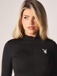Missguided x Playboy Long Sleeve Athletic Bodysuit With Front Zip Closure And Logo Detail For Active Lifestyle And Casual Wear - Black - View 4