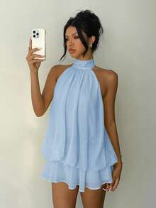 Aloruh 女士优雅浅黄色吊带系带迷你连衣裙 - 淺藍色 - 查看 4