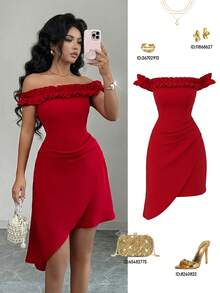 Elenzga 女士优雅浪漫荷叶边下摆无袖修身迷你连衣裙，适合情人节约会、春夏穿着 - 紅色 - 查看 1