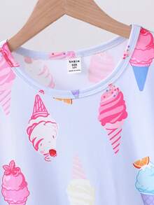 Girls Cute Style Light Blue Ice Cream Pattern Short Sleeve Ruffle A-Line Nightgown - Baby Blue - View 6