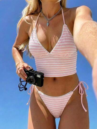 Swim Mod Women's New Textured Halter Neck Backless Crop Top Set, Sexy Camisole Cute Beach Vacation Swimwear Striped Bikini Pink Pink Bikini Vacation Bikini Bikini Set Bikini Cute Holiday Summer
