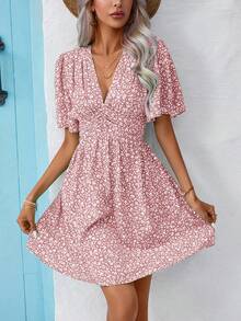 Wandoria Deep V-Neck Allover Print Casual Vacation Short Sleeve Dress - Pink - View 7