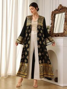 Al Najma Women's Metallic Trim Open Front Casual Abaya, Versatile For Gatherings And Outings - Black - View 4