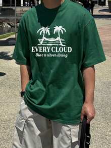 DAZY Men's Green Letter Print Round Neck T-Shirt, Summer Graphic Tees Men - Army Green - View 3