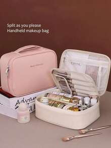 Large Travel Makeup Bag, Multi-Compartment Organizer For Cosmetics, Brushes & Skincare - Beach, School & Gifts - Dusty Pink - View 3