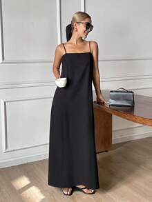 DAZY Vestido suelto de línea A con tirantes de unicolor y cinturón, vestido casual elegante para primavera y verano - Negro - Ver 7