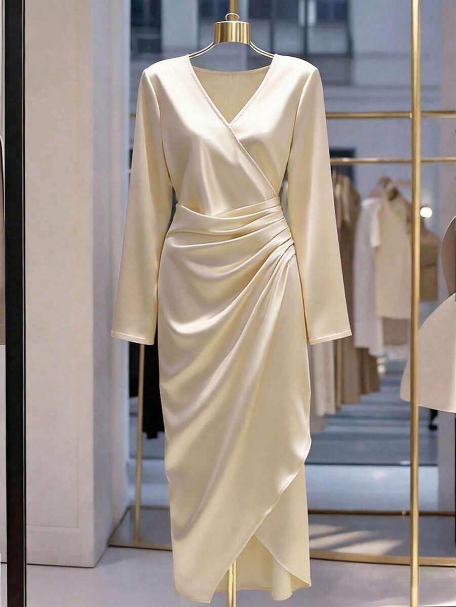 Lyxana Surplice Neck Ruched Wrap Hem Satin Dress Zanea Dress For Woman Yisikado Dress Elegant Dress - Champagne - View 1