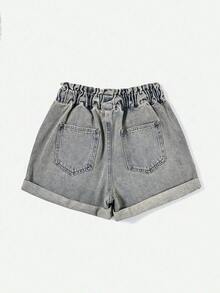 SHEIN Essnce Women's Solid Color Casual Denim Shorts Occasion Grey Summer - Blue - View 2