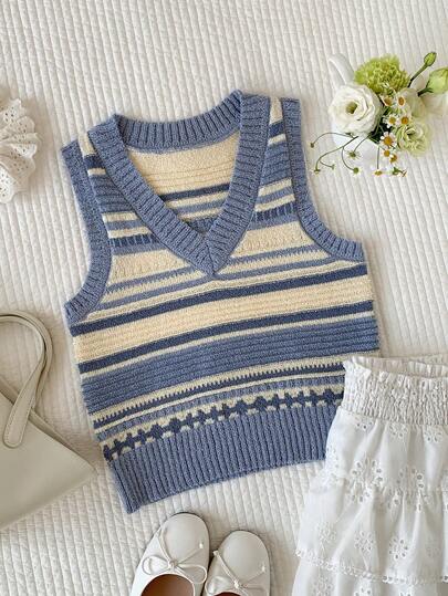Comfortcana Women's V-Neck Contrast Striped Knit Vest, Sweet & Fashionable Casual Everyday Wear, Suitable For Spring/Summer