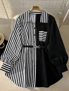 GlowEve CURVE 大码女式条纹拼接宽松休闲衬衫 - 黑與白 - 查看 8