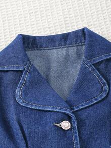 SHEIN Completo in denim da ragazza, stile gentiluomo, con gilet senza maniche e pantaloni a gamba dritta, vestiti per ragazze in autunno/inverno, outfit casual ed eleganti per il ritorno a scuola - Blu lavato scuro - Visualizzare 3