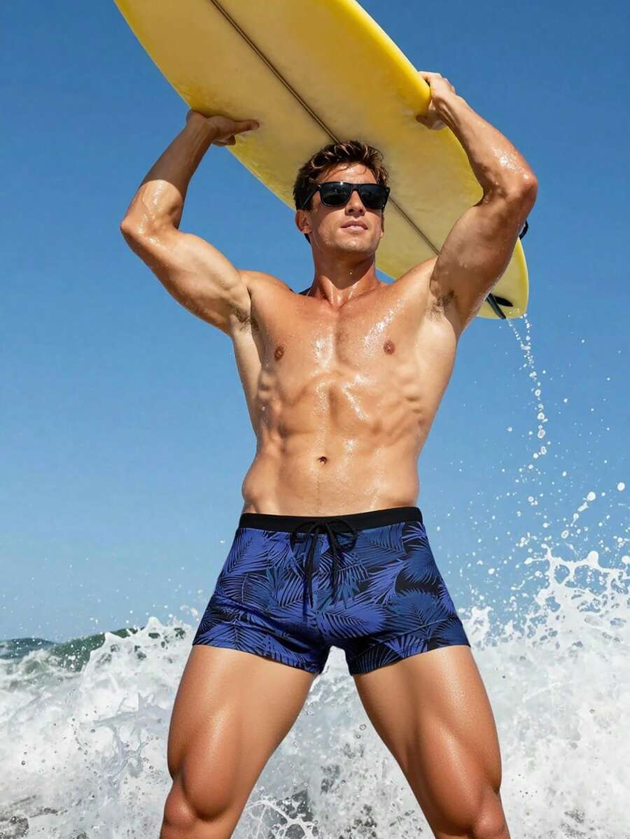 Manfinity Swimmode Bañador de hombre con estampado tropical y cordón en la cintura, estilo hawaiano - Multicolor - Ver 1