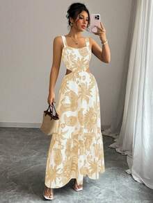 SHEIN Clasi 2025新款时尚印花方领系带露背休闲度假无袖连衣裙，波西米亚音乐节夏季款 - 彩色 - 查看 4