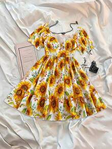 Sweetra Sunflower Print Waist Cinched Long Dress - Yellow - View 1