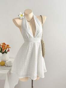 Elamini 女士休闲中长连衣裙，百搭日常装，纯色蕾丝深V领套头连衣裙，春夏款 - 白色 - 查看 1