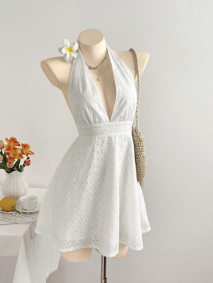 Elamini 女士休闲中长连衣裙，百搭日常装，纯色蕾丝深V领套头连衣裙，春夏款 - 白色 - 查看 1