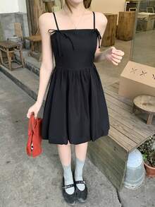 FRIFUL Women's Spaghetti Strap Dress With Bow Decor And Peplum Hem Sundress Summer - Black - View 3
