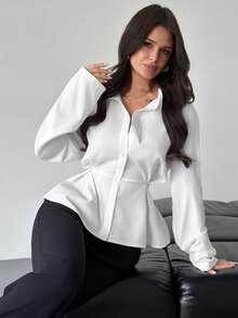 Firerie Women's Chic White Elegant Office Long Sleeve Blouse,Minimalist Autumn Commute A-Line Peplum Hem Shirt,Plain Pleat Button Fitted Collared Blouse,Fall - White - View 7