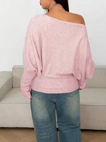 Sunnyshic Áo len dệt kim màu trơn, hở vai, gợi cảm, cỡ lớn - Hồng - Xem 2