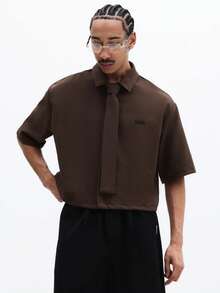 SUMWON Men's Cropped Short Sleeve Button Down Shirt With Tie Detail Regular Fit Collared Top Casual Business Wear - Coffee Brown - View 1