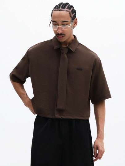 SUMWON Men's Cropped Short Sleeve Button Down Shirt With Tie Detail Regular Fit Collared Top Casual Business Wear