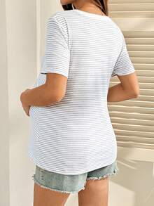 SHEIN Pregnant Women Striped Round Neck Nursing Functional Casual Versatile Daily Short Sleeve Top - Grey - View 6