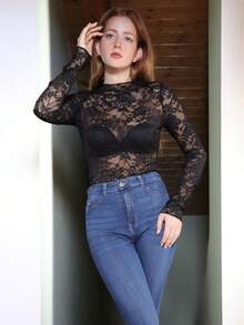 SILVIA DI SANTO Women Lace See-Through Sexy Top Fall Cloth For Women - Black - View 3