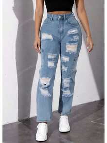 Pantalones de Mezclilla Wide Cargo Color azul claro con detalles de rotos de cintura alta y bolsillos utilitarios , un estilo versátil de moda para toda ocasión - Azul claro - Ver 9