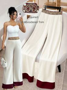 Selianne Quần nữ thanh lịch, lãng mạn, thích hợp cho kỳ nghỉ và đi làm, với chi tiết đính cườm ở eo, phối màu tương phản. - Màu be - Xem 1