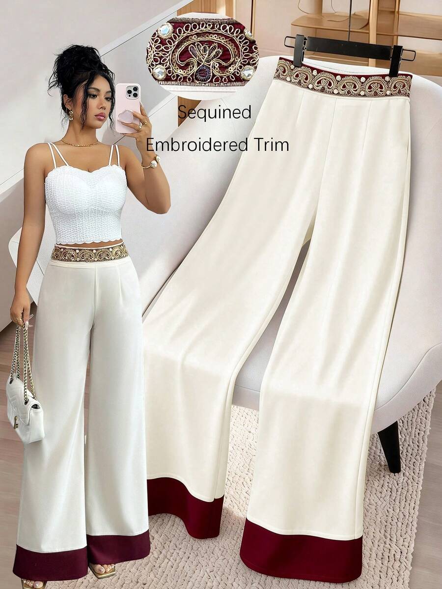 Selianne Quần nữ thanh lịch, lãng mạn, thích hợp cho kỳ nghỉ và đi làm, với chi tiết đính cườm ở eo, phối màu tương phản. - Màu be - Xem 1