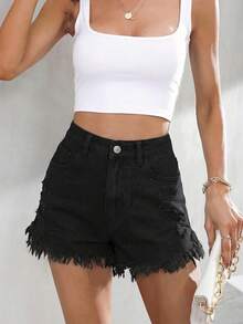 SHEIN ICON High Waist Casual Denim Shorts With Frayed Hem, Summer - Black - View 6