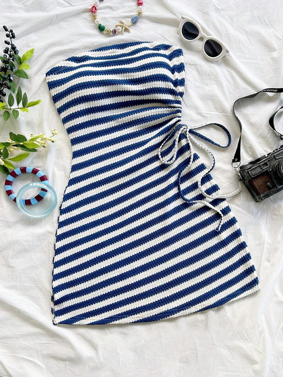 Soleia Đầm ống ôm sát eo dây rút khoét rỗng lấy cảm hứng từ đảo nghỉ dưỡng, thích hợp cho kỳ nghỉ, hẹn hò, ngày Valentine, tiệc trà chiều, mùa xuân/hè. - Xanh và trắng - Xem 1