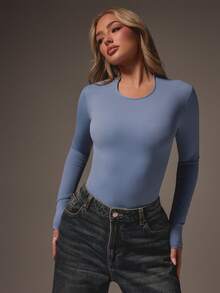 MISSGUIDED Long Sleeve Crew Neck Fitted Bodysuit With Smooth Jersey Fabric And Classic Silhouette - Blue - View 1