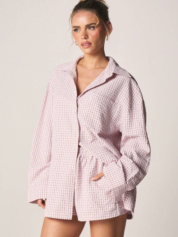 MISSGUIDED Camisa de Manga Longa com Gola e Bolso no Peito, Estampa Xadrez Oversized, para Uso Casual Diário na Primavera, Verão, Outono e Inverno