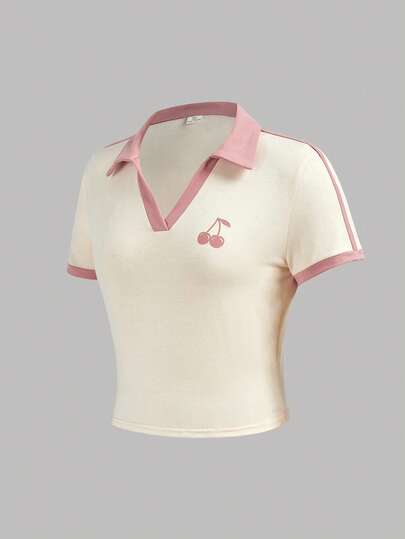 SHEIN Girlism Teen Girl's Knit Casual Colorblock Collar Cherry Print Short Sleeve T-Shirt