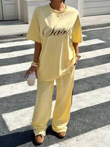 Muchica 女士夏季新款奶油黄短袖T恤和运动裤休闲宽松套装 - 淡黃色 - 查看 3