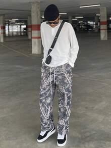 Ngobest Haus Ngobest Haus 男士时尚 Y2K 街头风格丛林印花裤，秋季必备单品 - 軍綠色 - 查看 1