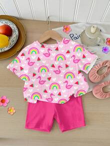 2件套女婴休闲可爱手绘火烈鸟、彩虹、西瓜图案T恤和打底裤套装，粉色，适合春夏穿着，日常穿着，度假，外出游玩 - 彩色 - 查看 2