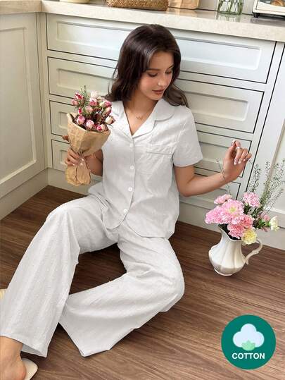 SHEIN 2 piezas Conjunto de pijama de mujer con estampado jacquard, de manga corta y color azul romántico y fresco