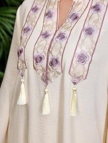 Al Najma Women's Apricot Semi Sheer Long Arabian Tunic Dress,Notched V-Neck Flare Sleeves,Floral Embroidered Lace Tassel Pendant,Elegant Modest Caftan,Summer - Apricot - View 7