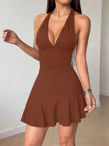 SHEIN Unity Vestido mini sexy de cuello de halter negro, ropa casual de resort, primavera/verano - Óxido marrón - Ver 5