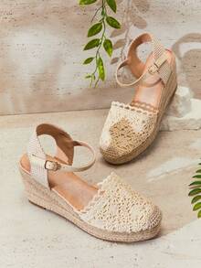 SHUZIA Women Elegant Floral Cut-Out Ankle Strap Espadrille Wedges - Beige - View 6