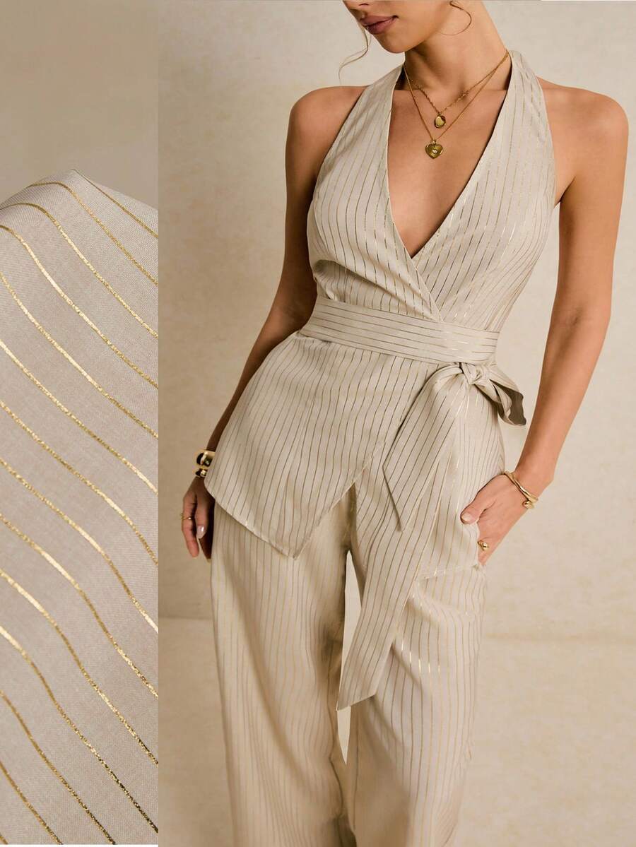 Poéselle Women's Striped Print Halter Sleeveless Top And Long Pants Elegant Suit Set - Apricot - View 1